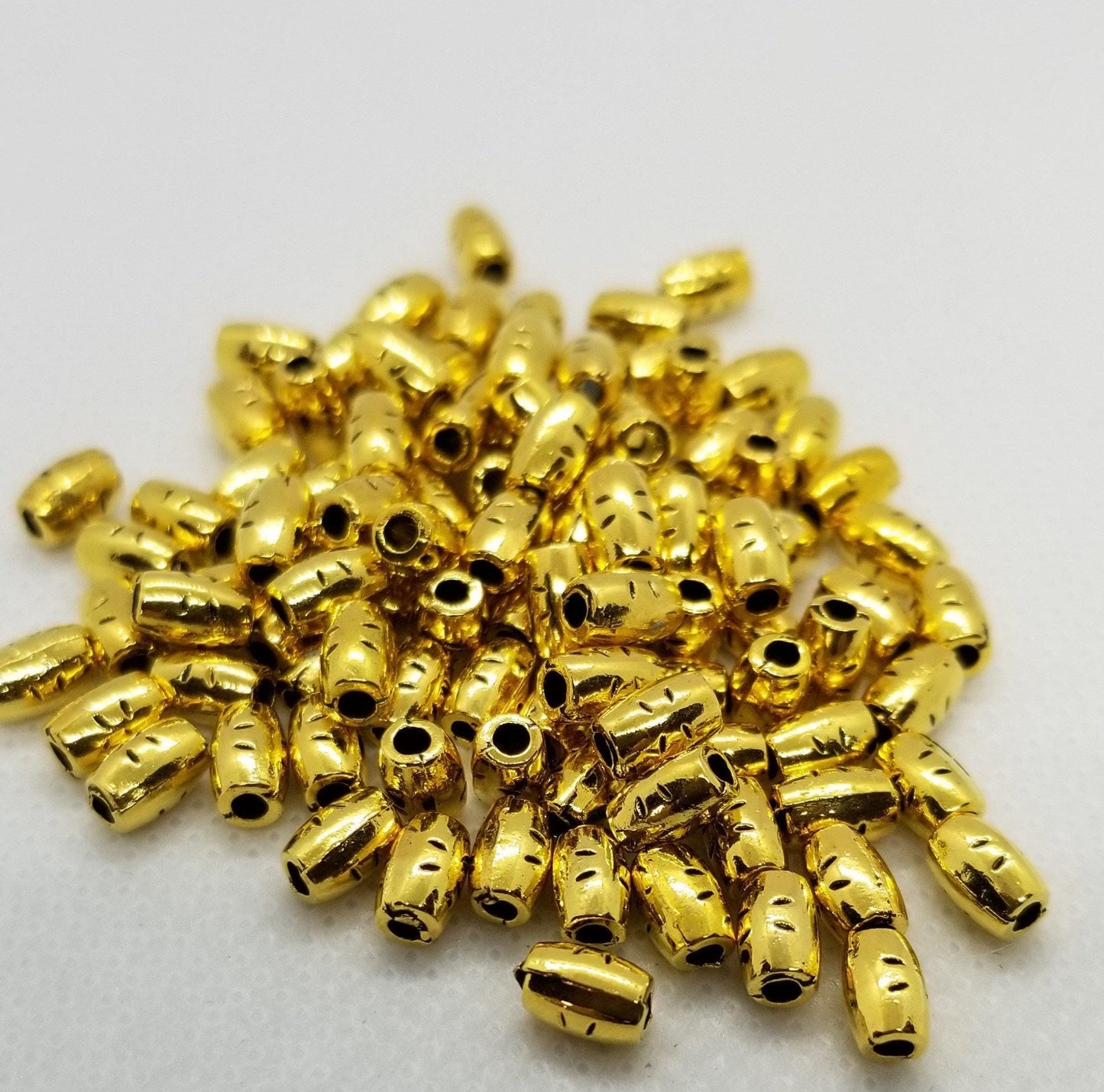 50 pieces Golden Etched Tube, Small Column, Rice Grain Shape, Lead Free, Cadmium Free, Antique Golden , 6mmx4mm, hole 2mm
