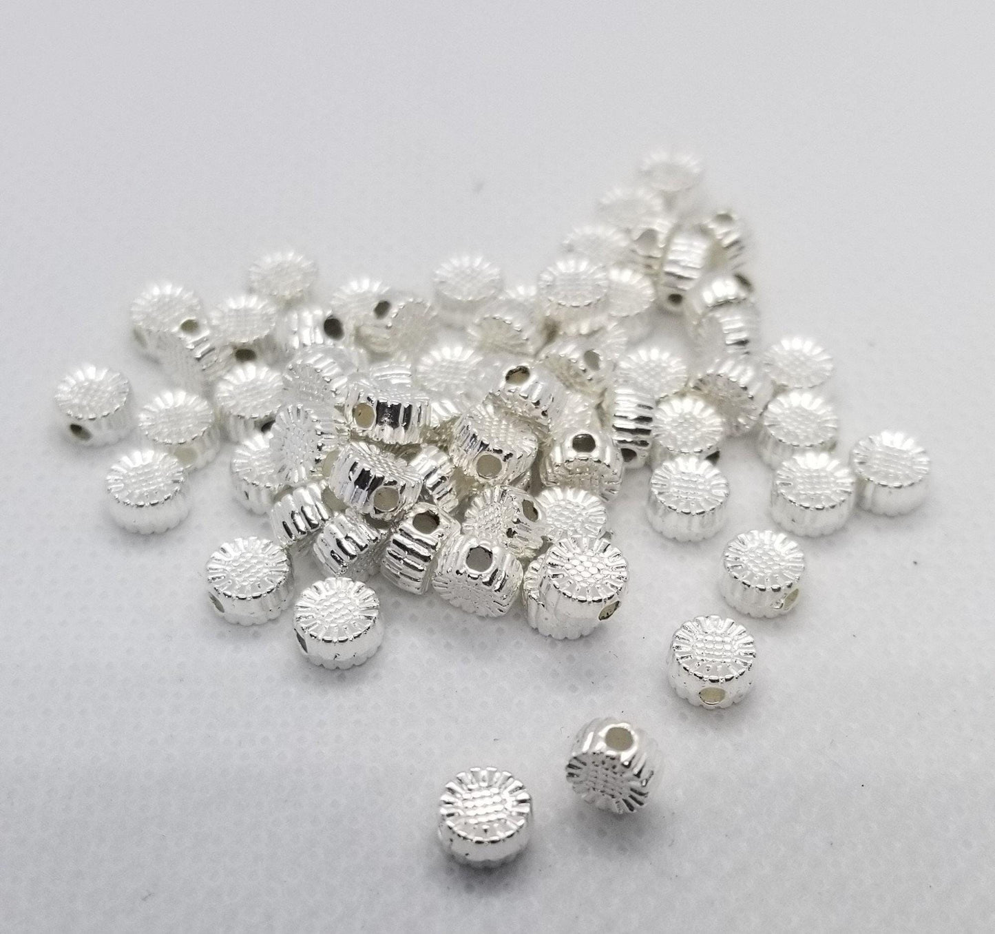 25 pieces Bright Silver Sun Spacer Bead, Disc, Tibetan Style Alloy, Platinum Color, Lead Free and Cadmium Free, 5.5x5.5x3mm, Hole 1mm