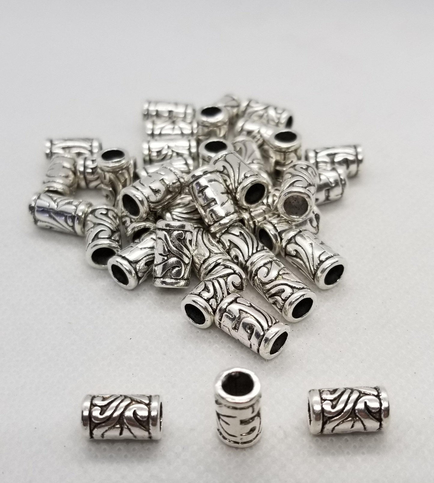 10 pieces Antique Silver Column with Flower Design, Silver Column Spacers, Cadmium, Lead Free, 11.5x7mm, Hole 4.5mm