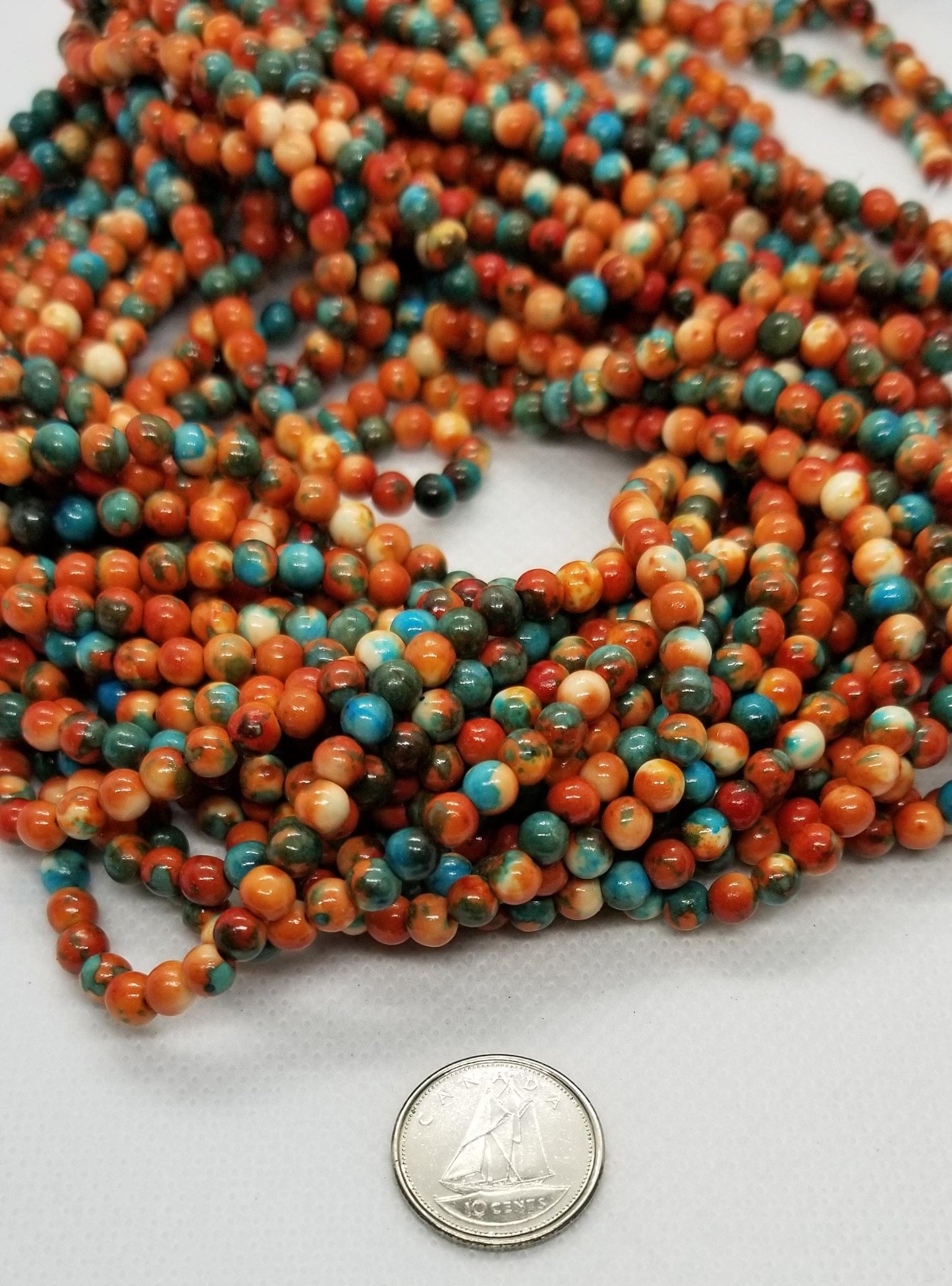 1 strand Ocean White Jade Beads, Dyed Turquoise and Rust, Round, Polished, 4-6-8mm, Hole 1mm, 15.5 inch full strand, See description