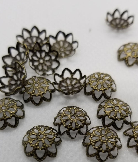 20 pieces Filigree Bronze Bead Caps, Tassel Caps, End Caps, Flower, Nickel Free, Two Tone Antique Bronze, 10mm x 4mm, hole 1mm