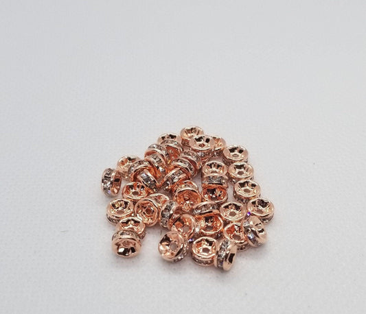 10 pieces Rose Gold Rhinestone Spacers, Grade AAA, Straight Flange, Nickel Free, Rondelle, Clear Crystal, 6x3mm, Hole: 1mm