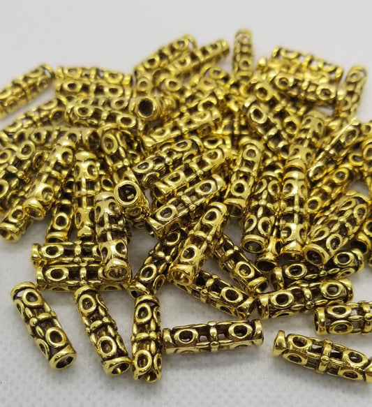 5 pcs Golden Column with Open Metalwork, Tibetan Style, Cadmium, Lead Free, Column, Antique Golden Color, 18x7mm, Large Hole 3mm