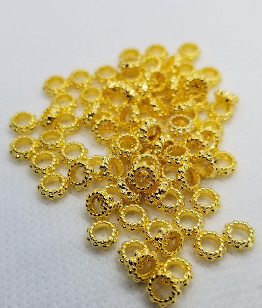 25 pieces Gold tone Spacer, Tibetan Style Alloy Spacer Beads, Lead, Cadmium free, Ring, Donut, Golden, 6mm x 3mm, hole 3mm