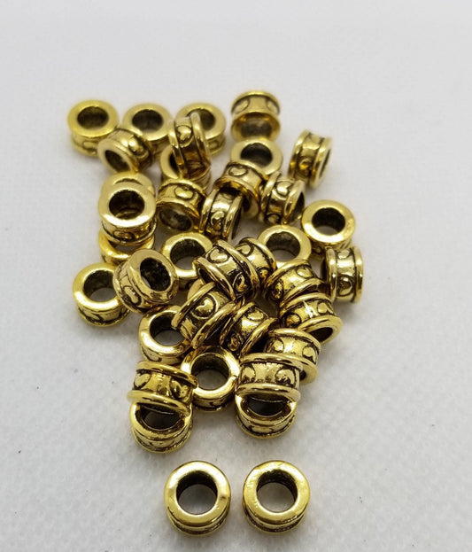 5 pieces Golden Column with Heart Spacer Bead, Tibetan Style Alloy, Large Hole Beads, Lead, Cadmium, Nickel Free, 8x4.5mm, Hole 5.5mm