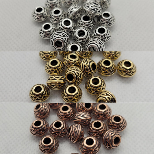 Celtic Barrel Beads, Tierra Cast, 5 pcs, Gold or Copper, 8x6mm, Large Hole 3mm, Lead Cadmium Nickel Free, Hypo Allergenic