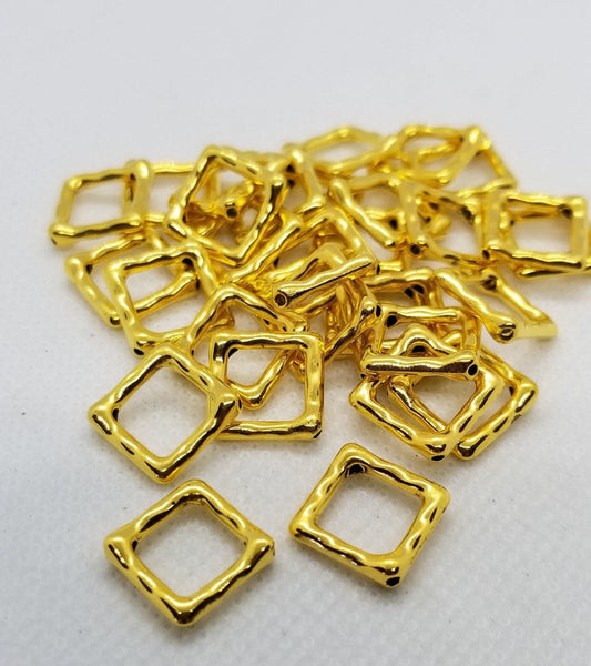 10 pieces Hammered Golden Square, Open Center with 2 holes, Bead Frame, Lead, Cadmium, Nickel Free, 16x16x2mm, Holes 1mm, Center 8x8mm, Fits 6-7mm bead