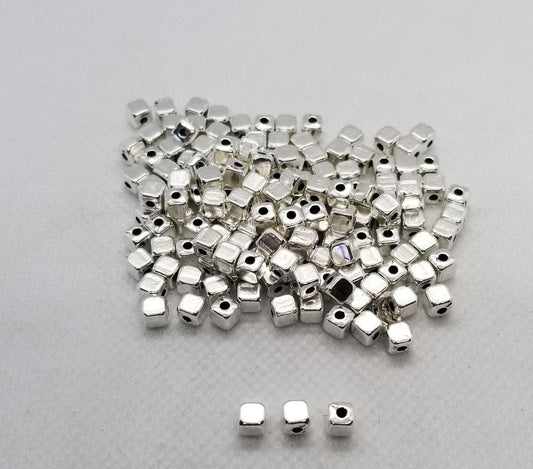 Silver Cube Spacer Beads, 25 pieces, Square, Antique Silver, 4mm x 4mm x 4mm, hole 2mm
