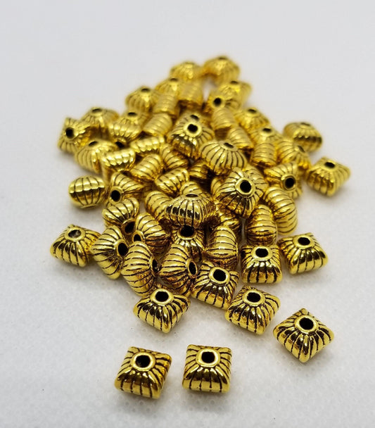 10 pieces Golden Puffed Square Spacer Beads, Tibetan Style Alloy, Lead, Cadmium Free, Antique Golden, 7x7x6.5mm, Hole 1mm