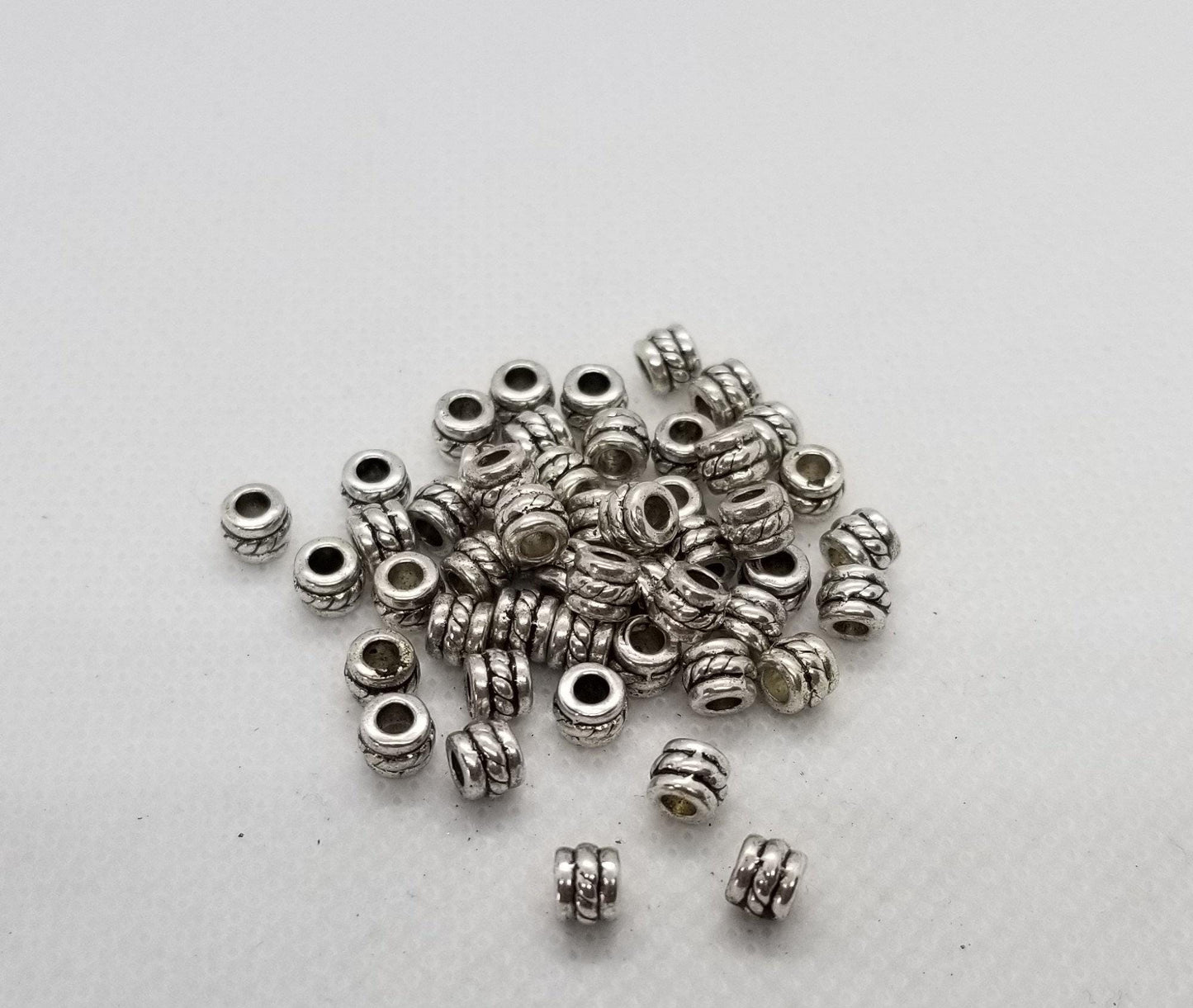 20 pieces Silver Barrel Spacer Beads, Tibetan Style Alloy, Rope Accent, Antique Silver, Lead, Cadmium, Nickel Free, 5x4mm,Hole 2mm
