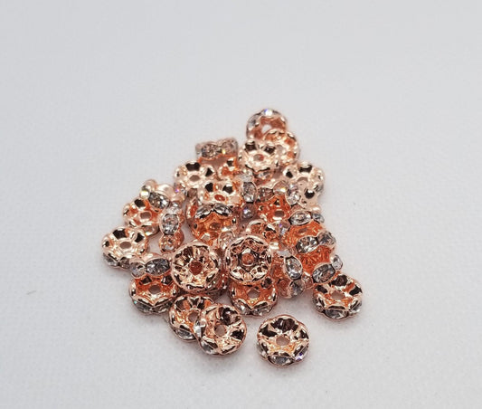 10 pieces Rose Gold Rhinestone Spacers, Grade AAA, Wavy Edge, Nickel Free, Rondelle, Clear Crystal, 8x3.8mm, Hole: 1.5mm