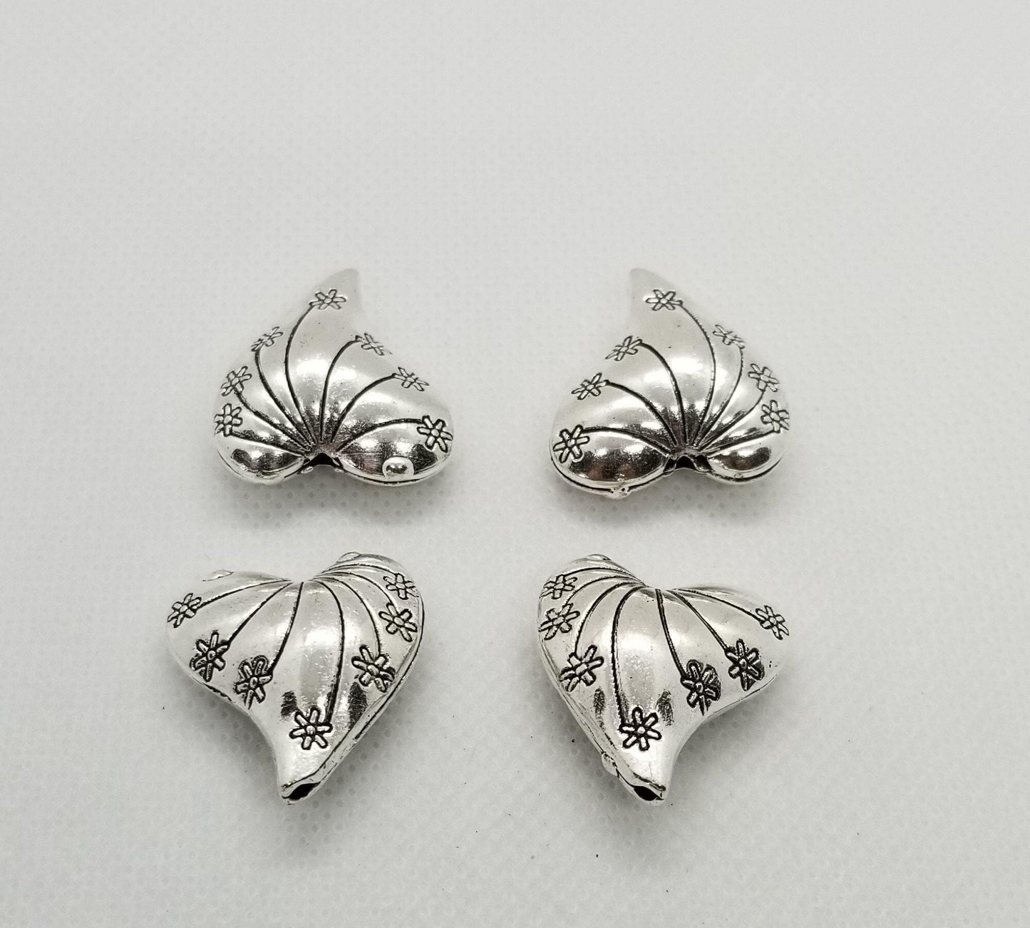 4 pieces Large Puffed Heart, Tibetan Style Brass Alloy, Lead Free, Cadmium Free, Antique Silver, 25x23x10mm, Hole 1.5mm