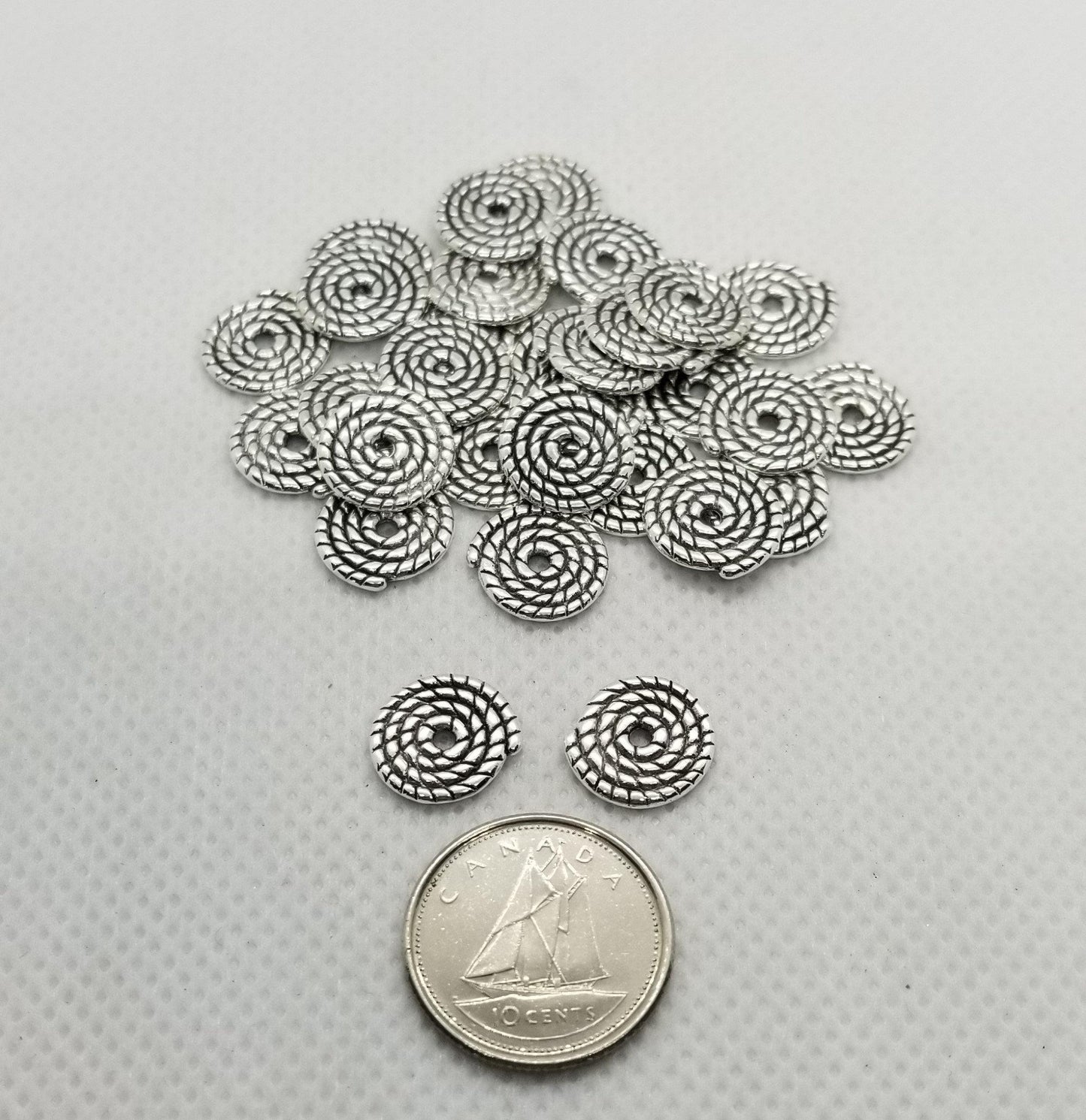 10 pieces Silver Coil Spacer Beads, Tibetan Style, Lead, Cadmium Free, Disc, Rope Coil, Antique Silver, 10x1.2mm, Hole 2mm