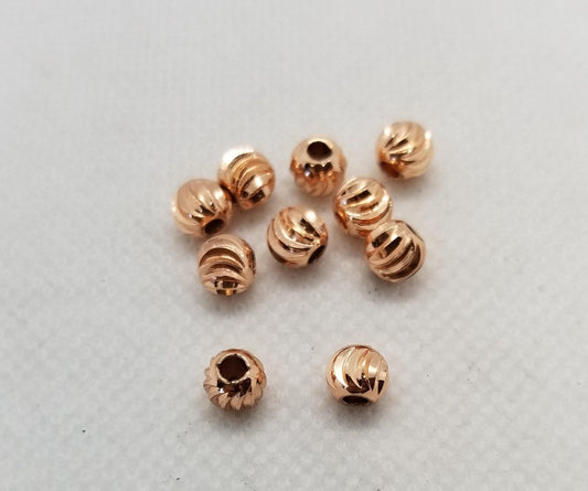 10 pieces Rose Gold Spiral Ridged Round Spacer Beads, Cadmium Free, Lead Free, Brass, 4-5-6mm, Hole 2mm