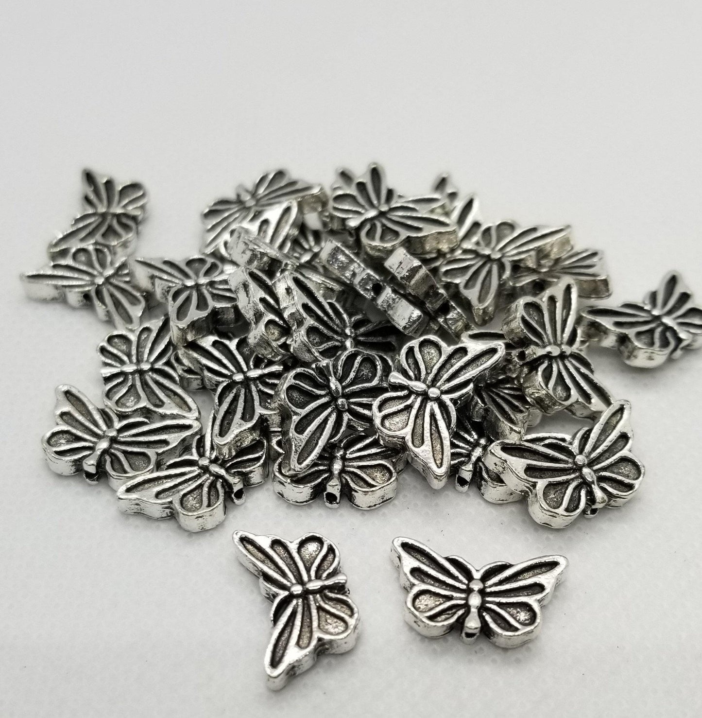 10 pieces Silver Butterfly Charm, Tibetan Style Alloy, Cadmium, Nickel, Lead Free, Antique Silver, 10x16.5x3mm,Hole 1mm, Hole Nose to Tail