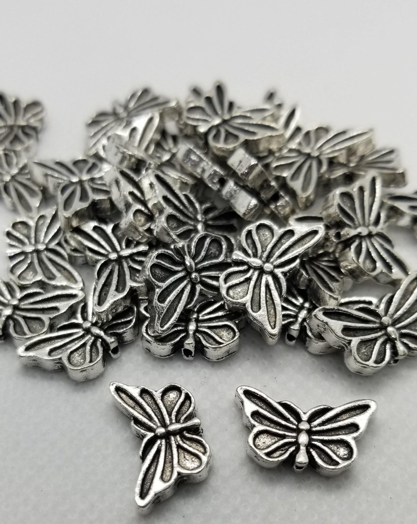 10 pieces Silver Butterfly Charm, Tibetan Style Alloy, Cadmium, Nickel, Lead Free, Antique Silver, 10x16.5x3mm,Hole 1mm, Hole Nose to Tail