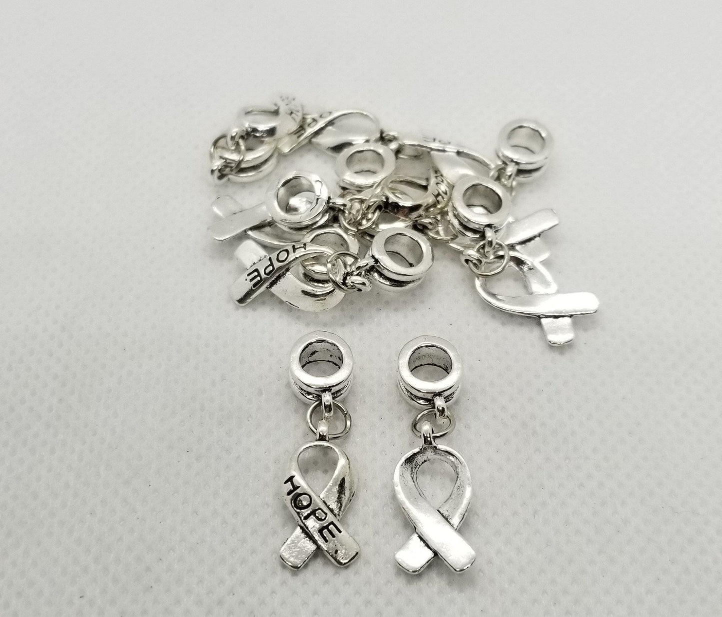5 pieces Hope Ribbon, Awareness Ribbon, Large Hole, Tibetan style Dangle Charm, Antique Silver, 30mm, Hole 5mm, Breast Cancer