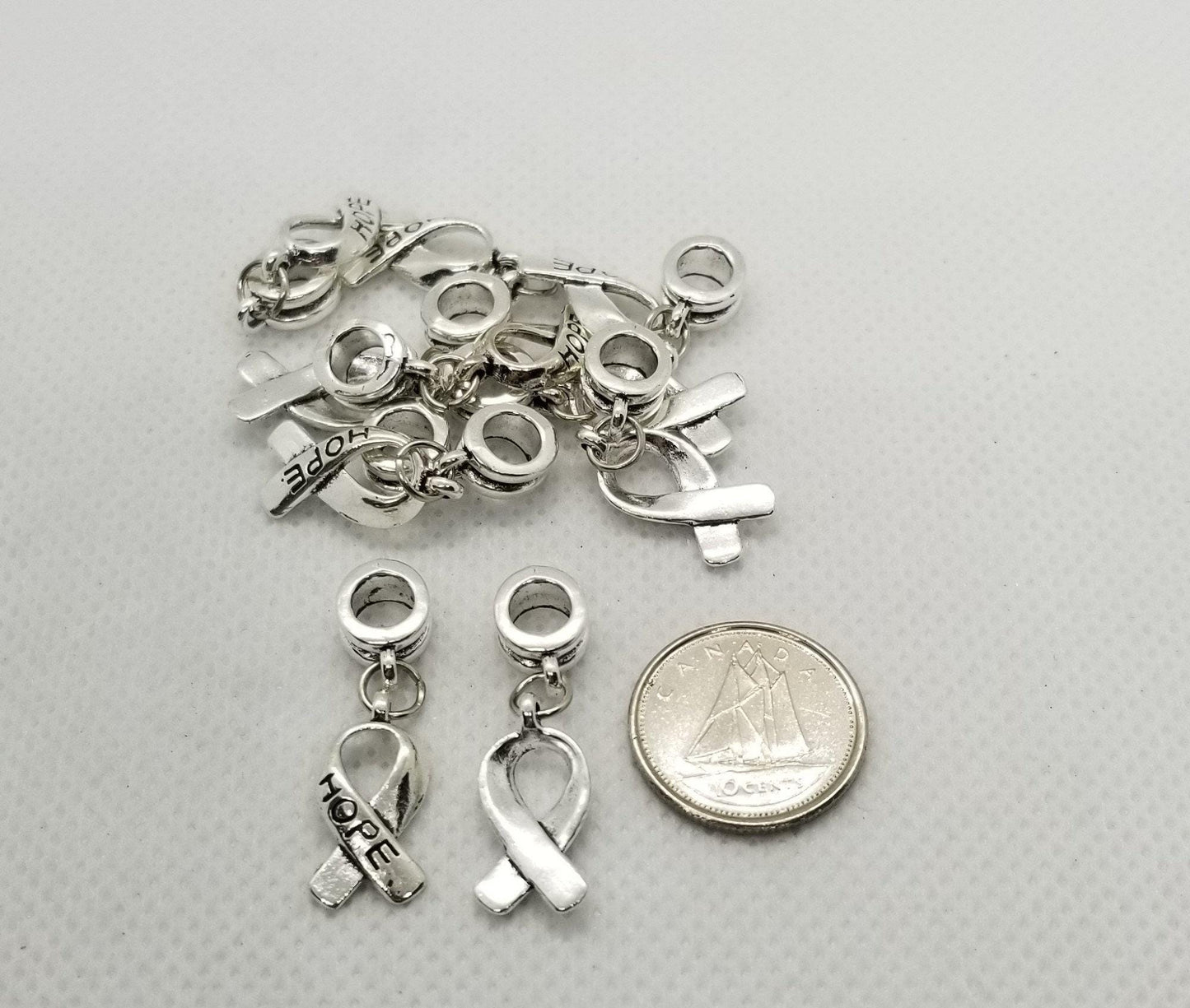 5 pieces Hope Ribbon, Awareness Ribbon, Large Hole, Tibetan style Dangle Charm, Antique Silver, 30mm, Hole 5mm, Breast Cancer