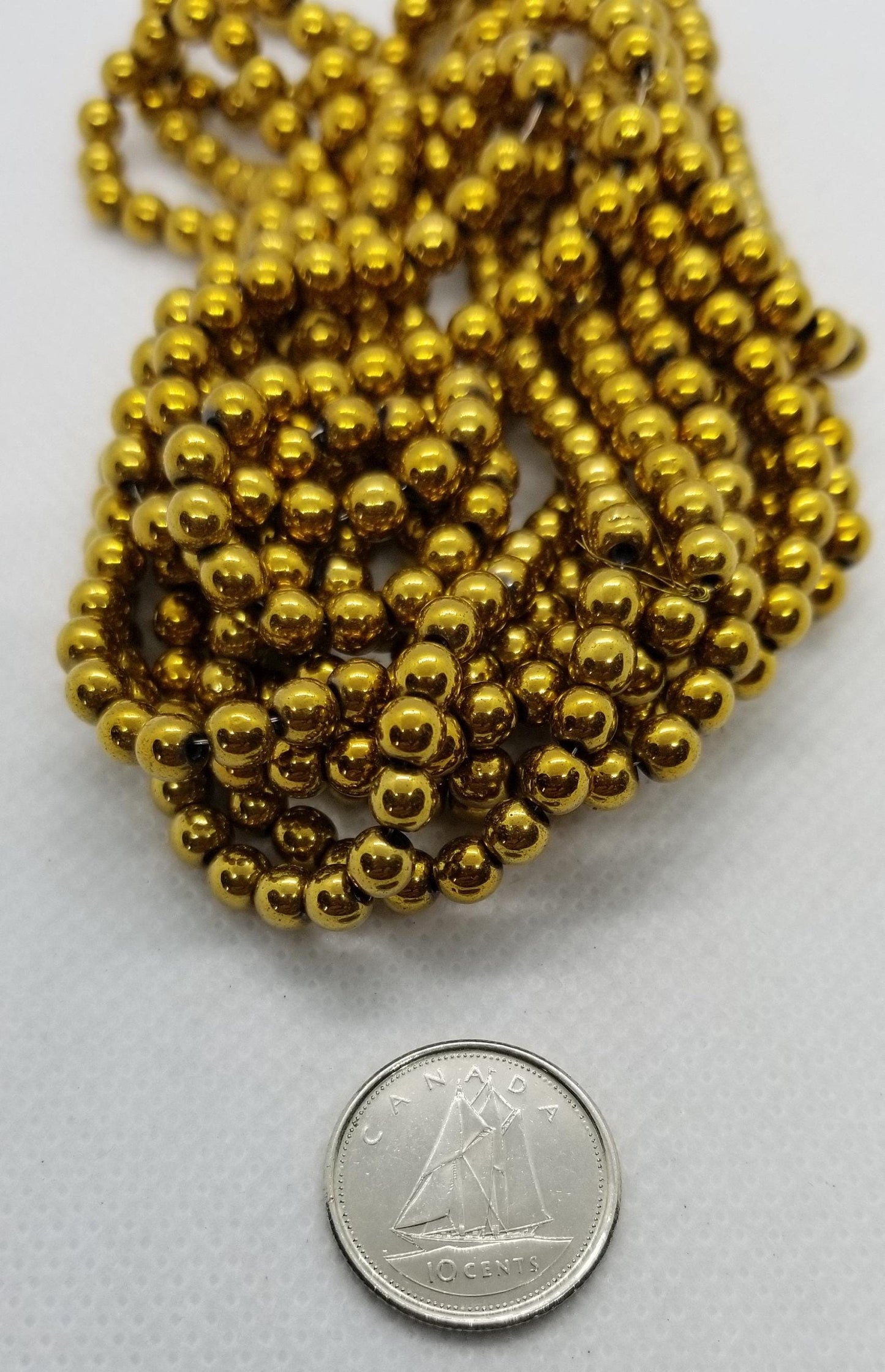 1 strand Round Gold Hematite Beads, Grade A, Non-magnetic Synthetic Round, Golden Plated, 4-6-8mm, Hole 1mm, Full Strand, bead count in desc