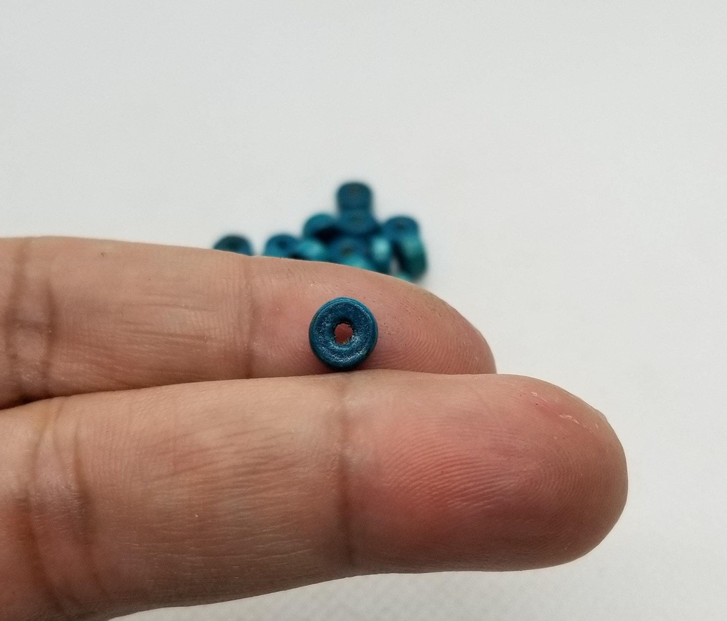 50 pieces  Natural Maple Wood Beads, Lead Free, Flat Round, Heishi Disc, Dyed, Dark Turquoise or Coconut Brown, 6x3mm, Hole: 2mm