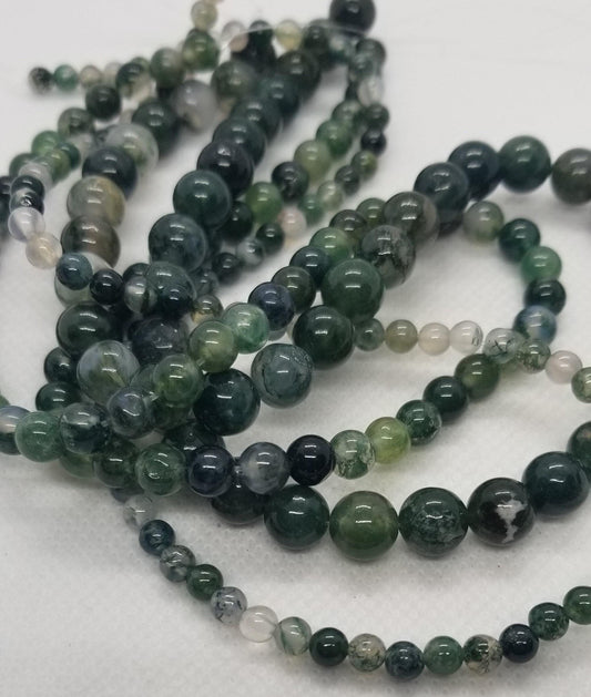 1 strand Natural Moss Agate Beads, Green Agate, Polished, Round, 4-6-8mm, Hole 1mm, Full 15.8 inch strand, Bead Count in description