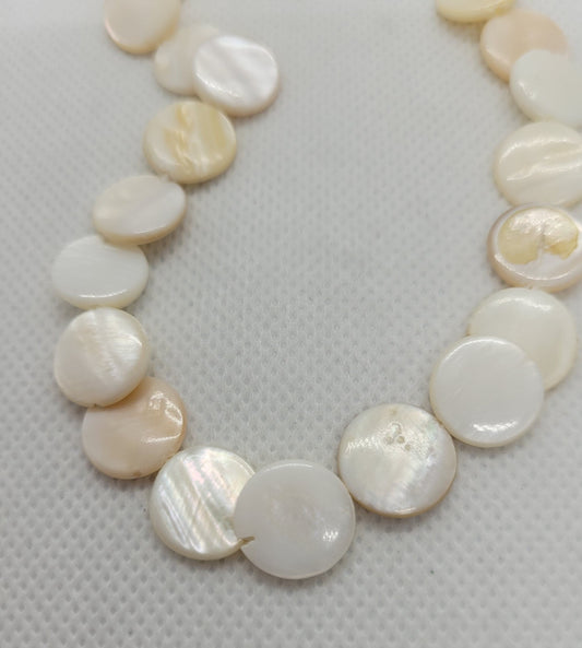 Natural Mother of Pearl Shell Spacer Discs, 1 strand, Polished, 12-13mm diameter, 2-4mm thick, Hole ~1mm, about 30 per strand