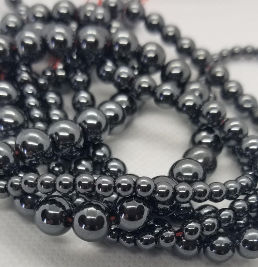 1 strand Round Hematite Beads, Synthetic, Non-Magnetic, Polished, 4mm, 6mm, 8mm, Hole 0.5-1mm, Full Strand, Bead count in description