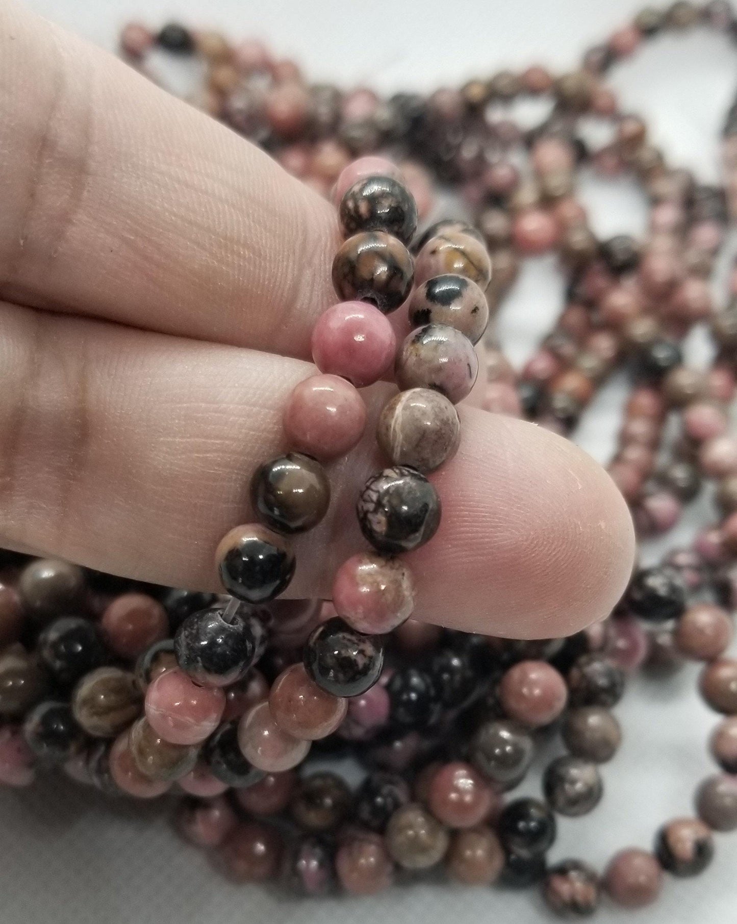 1 strand Natural Rhodonite Beads, Polished Pink and Black Strands, Round, 6~6.5mm, Hole 1mm, about 60pcs/strand, 15" Full Strand