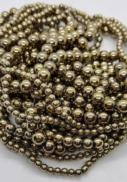 1 strand Round Gold Hematite Spacer Beads, Grade A, Non-magnetic Synthetic, Light Golden Plated, 4-6-8mm, Hole 1mm, Full Strand, see desc