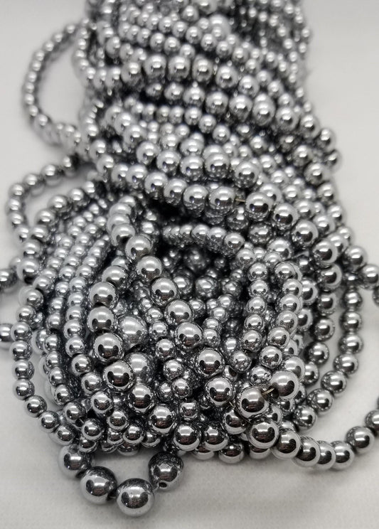 1 strand Round Platinum Hematite Spacer Beads, Grade A Non-magnetic Synthetic Plated, 4-6-8mm Hole 1mm, Full Strand bead count in desc