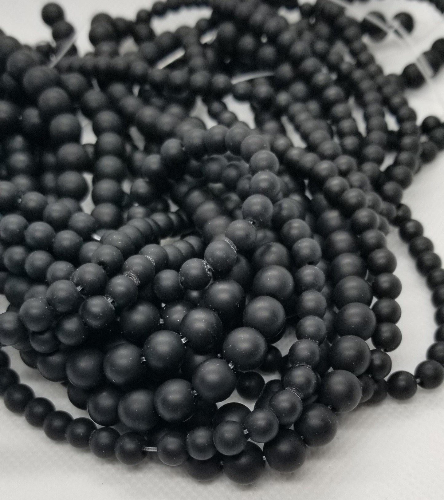1 strand Matte Black Stone Beads, Dyed, Synthetic, Round, Frosted, 6mm and 8mm, Hole 1mm, Full 15.5 inch strand, Bead count in description