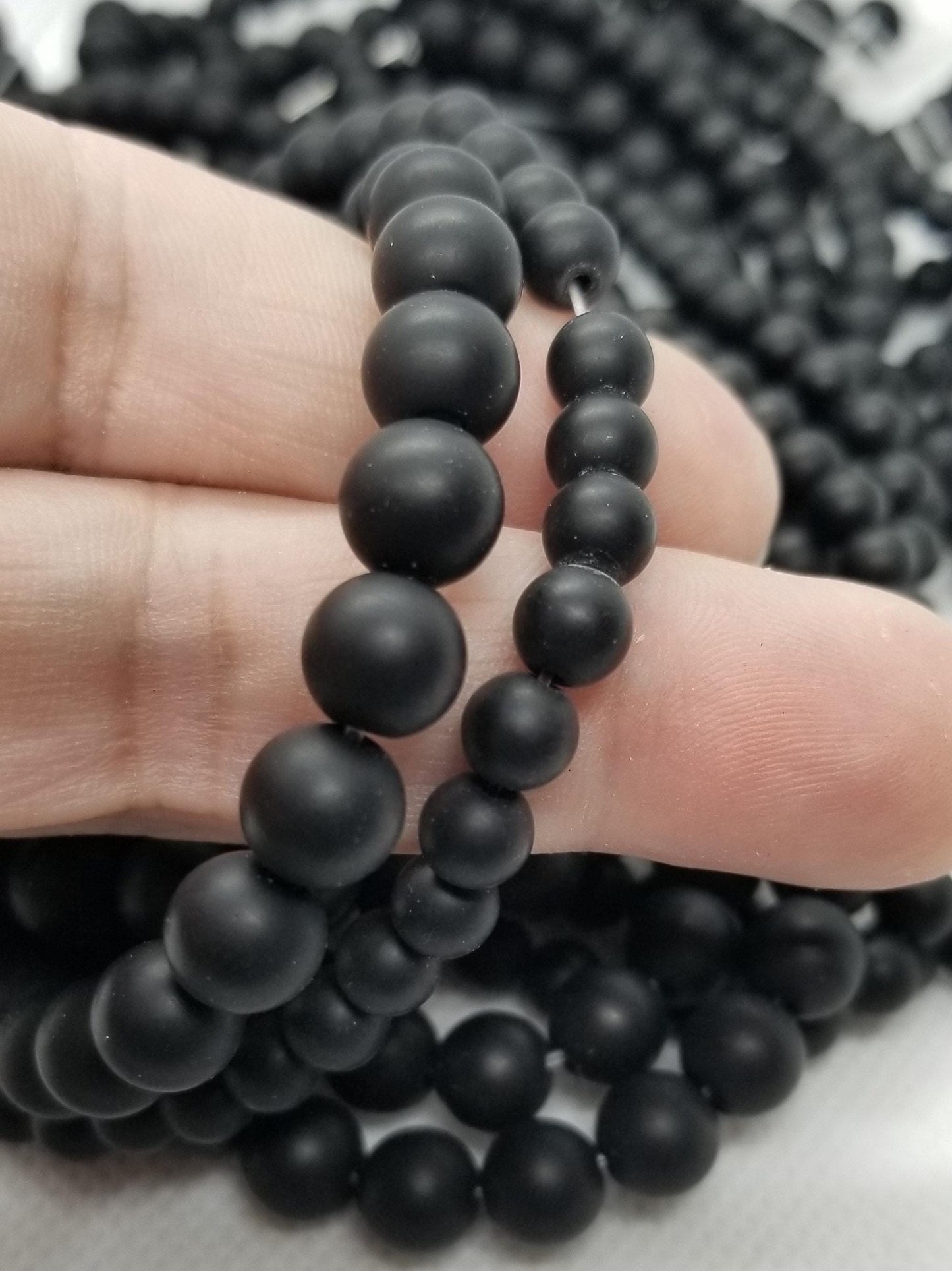 1 strand Matte Black Stone Beads, Dyed, Synthetic, Round, Frosted, 6mm and 8mm, Hole 1mm, Full 15.5 inch strand, Bead count in description