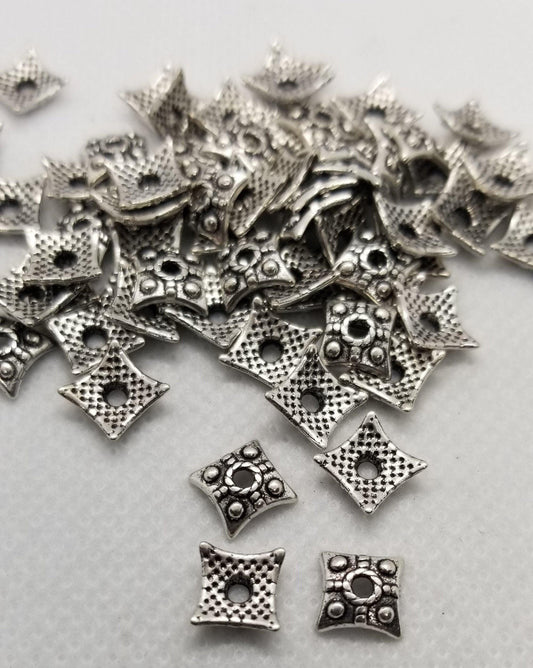 10 pieces Square Silver Bead Caps, Tibetan Style Alloy, Lead, Cadmium, Nickel Free, Square, Antique Silver, 7.5x7.5x3mm, hole 2mm