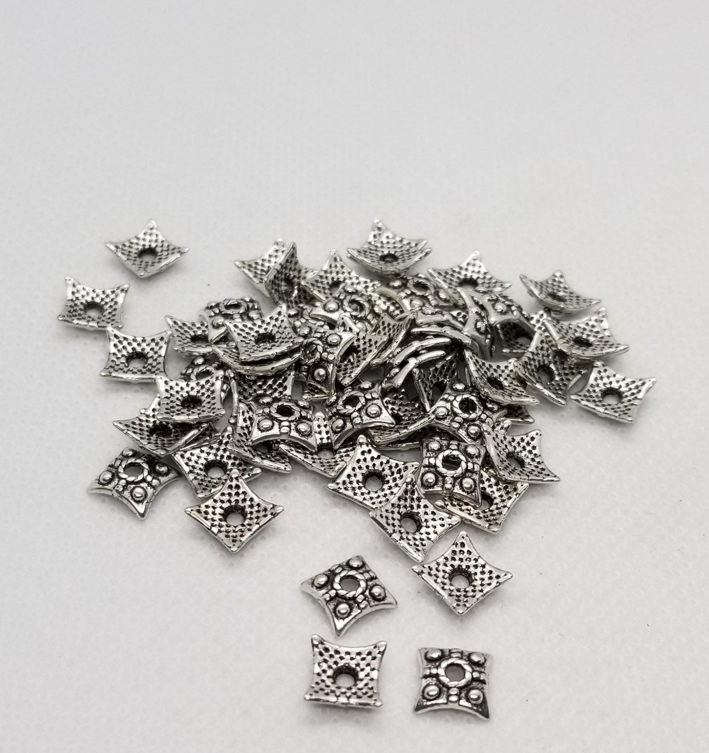 10 pieces Square Silver Bead Caps, Tibetan Style Alloy, Lead, Cadmium, Nickel Free, Square, Antique Silver, 7.5x7.5x3mm, hole 2mm