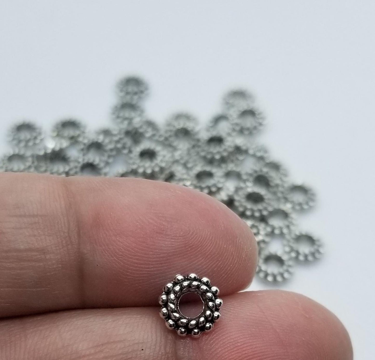 10 pieces Silver Donut Ribbed Spacer Bead, Star, Flower, Tibetan Style Alloy, Lead Free, Cadmium Free, Antique Silver, 8x3mm, Hole 3mm