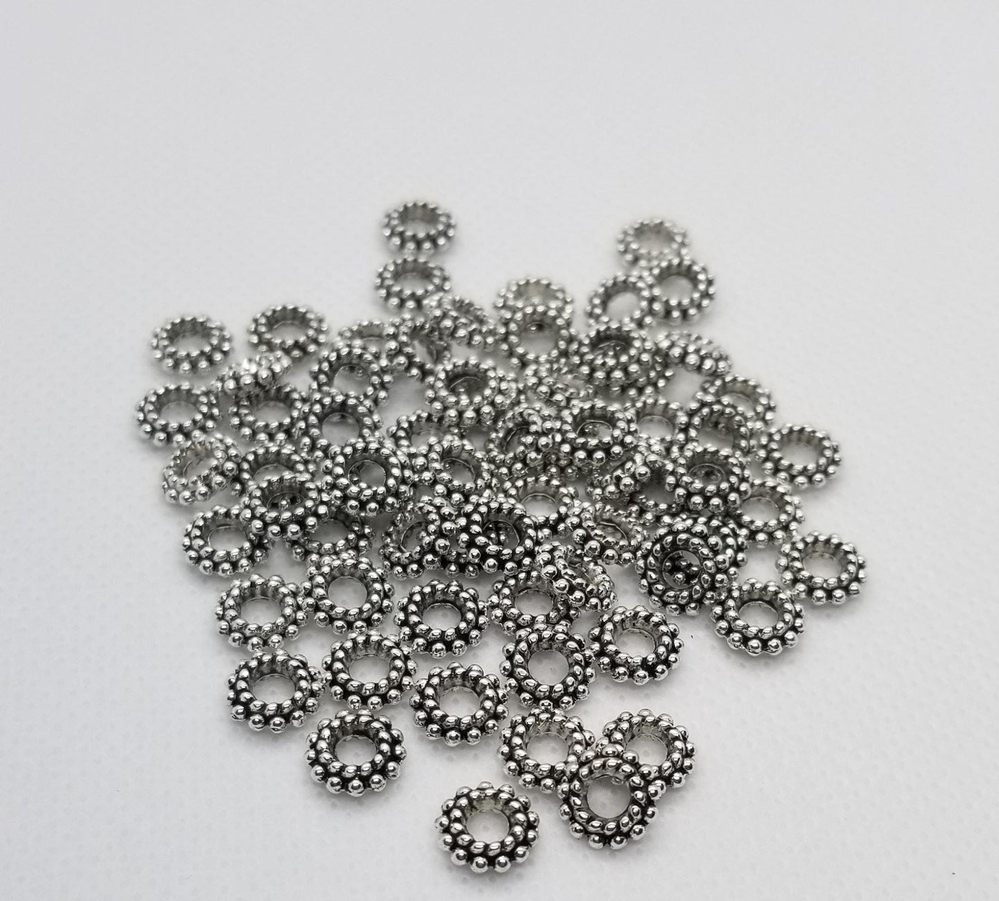 10 pieces Silver Donut Ribbed Spacer Bead, Star, Flower, Tibetan Style Alloy, Lead Free, Cadmium Free, Antique Silver, 8x3mm, Hole 3mm