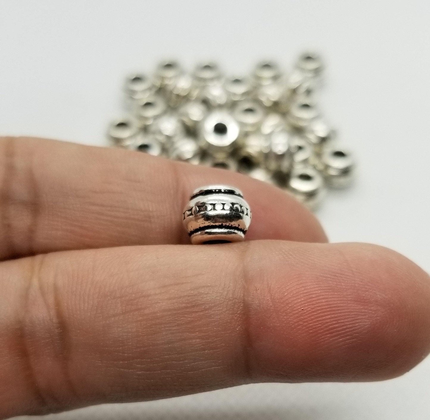 10 pieces Etched Silver Barrel Spacer Bead, Tibetan Style Alloy, Antique Silver, Lead, Cadmium, Nickel Free, 9x9x7mm, Large Hole 4mm