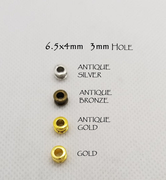 10 pcs Tube Spacer Beads, Rim, Antique Silver, Bronze, Gold, Antique Gold, Lead Cadmium Nickel Free, Flat Round, 6.5x4mm, Large Hole 3mm