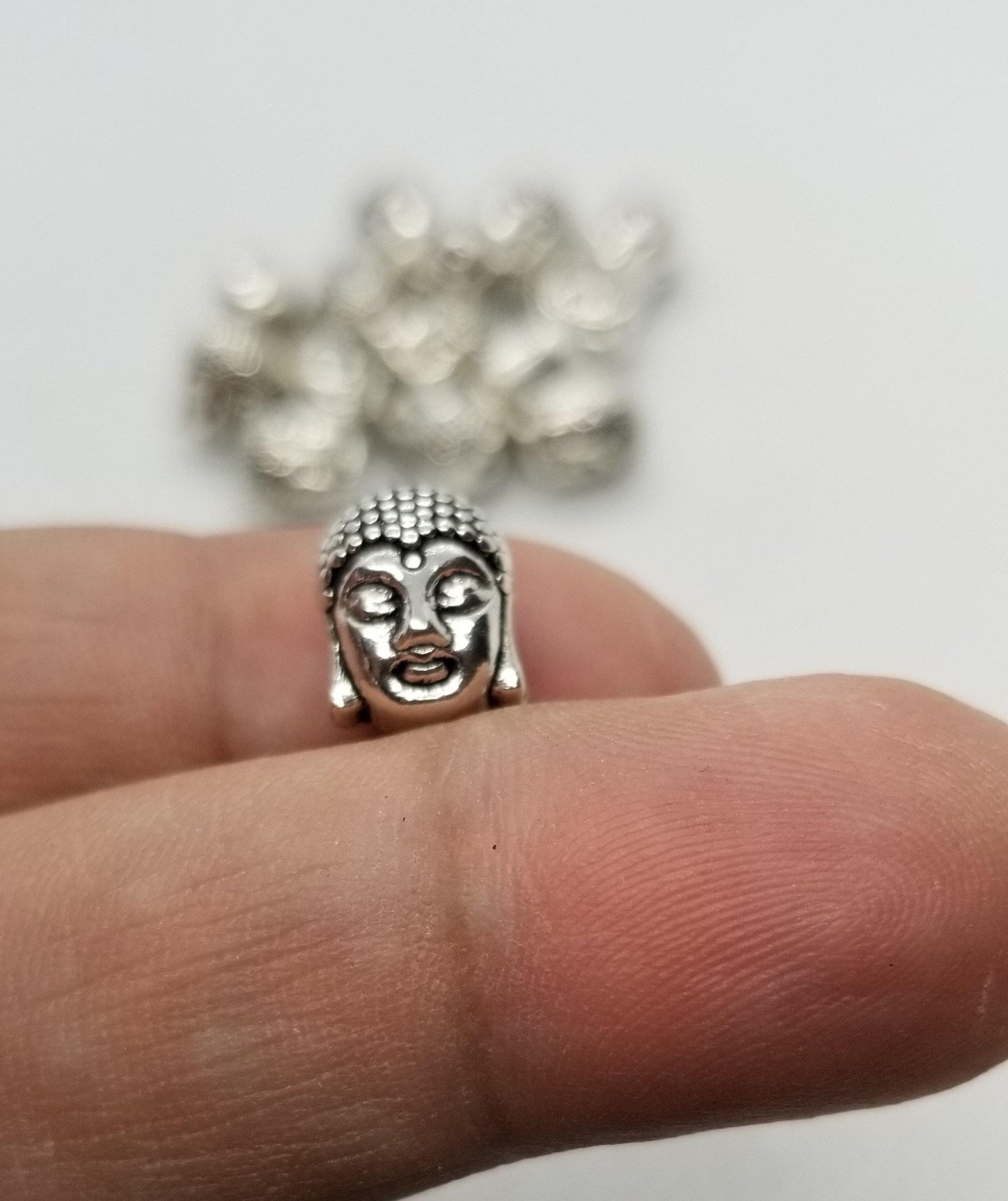 10 pieces Silver Buddha Head, Tibetan Style, Cadmium, Lead Free, Antique Silver, 11x9x8mm, Hole 1.5mm top to bottom