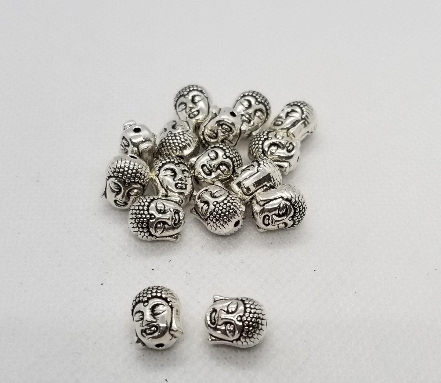 10 pieces Silver Buddha Head, Tibetan Style, Cadmium, Lead Free, Antique Silver, 11x9x8mm, Hole 1.5mm top to bottom