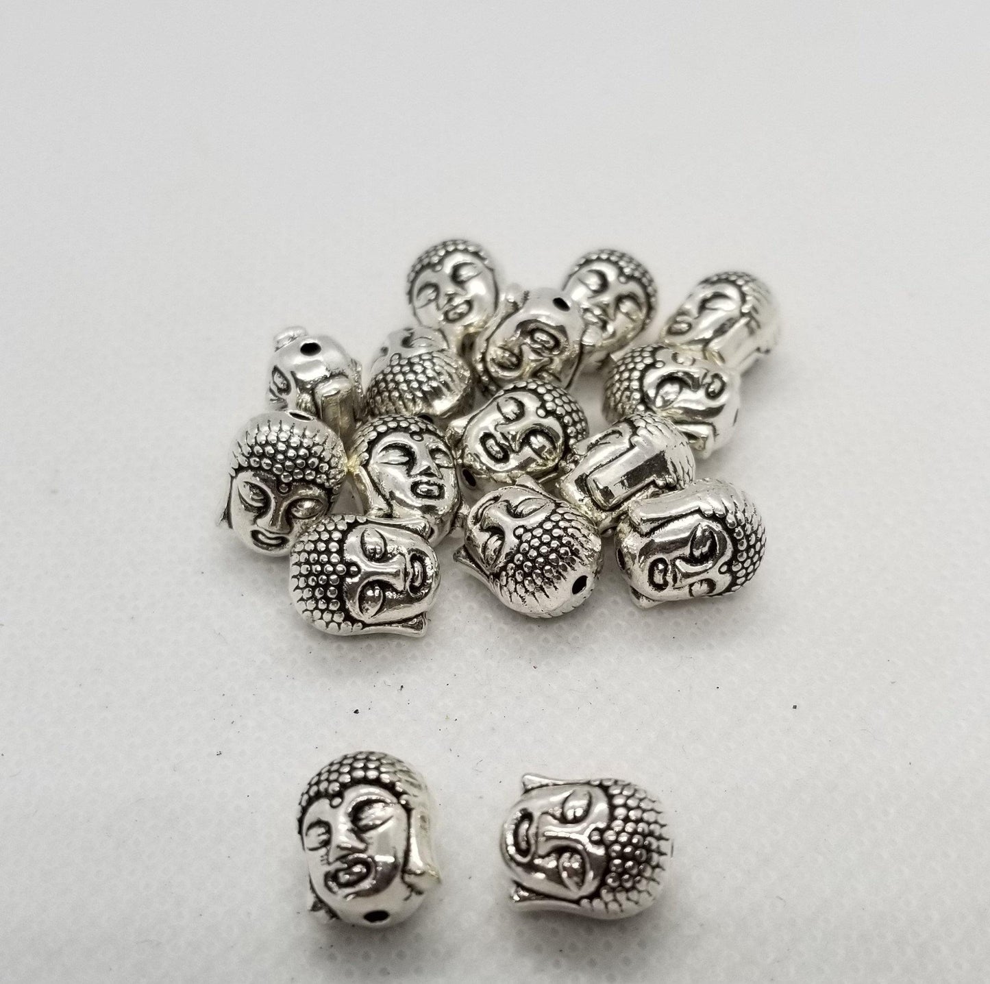 10 pieces Silver Buddha Head, Tibetan Style, Cadmium, Lead Free, Antique Silver, 11x9x8mm, Hole 1.5mm top to bottom