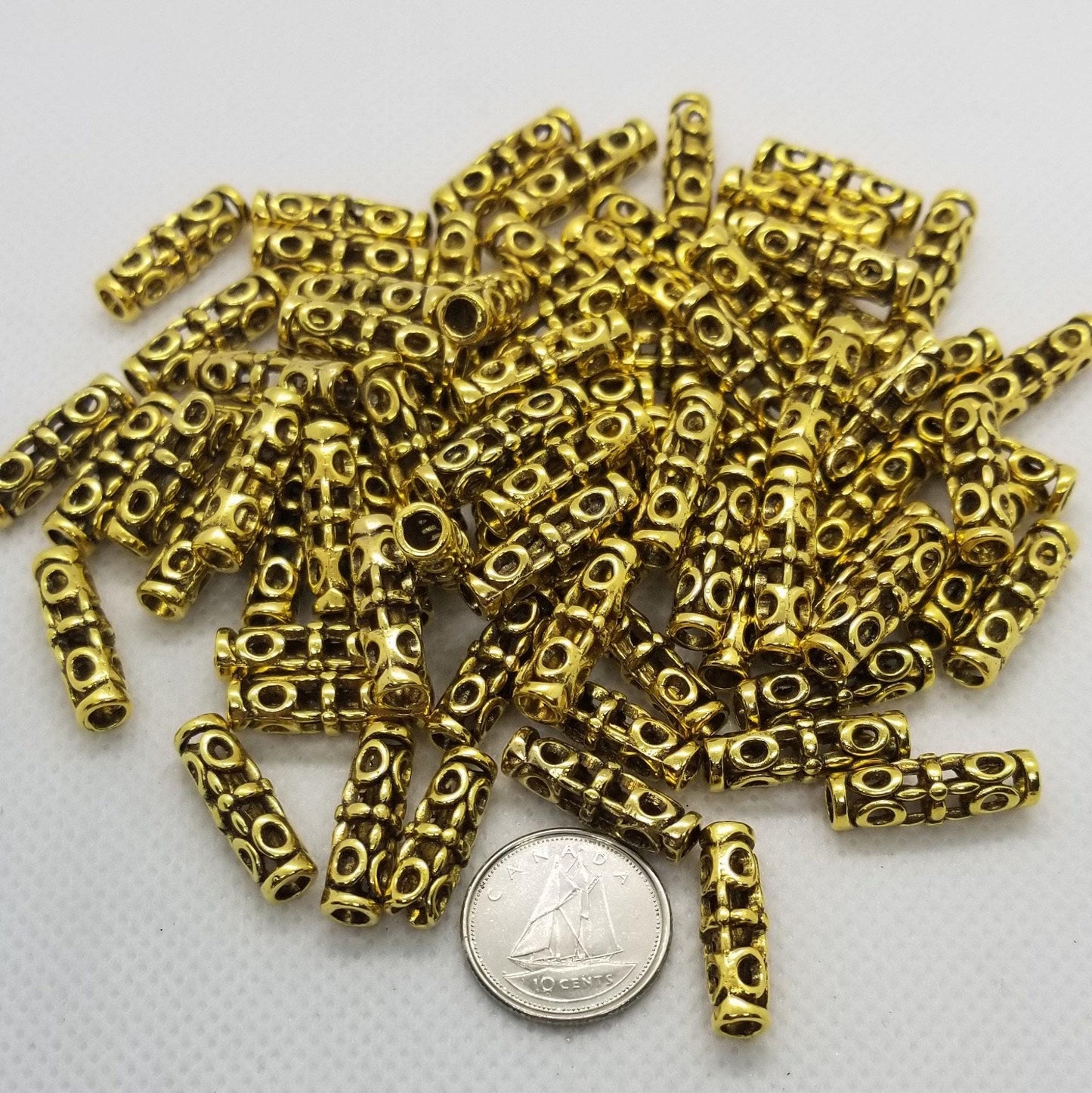5 pcs Golden Column with Open Metalwork, Tibetan Style, Cadmium, Lead Free, Column, Antique Golden Color, 18x7mm, Large Hole 3mm