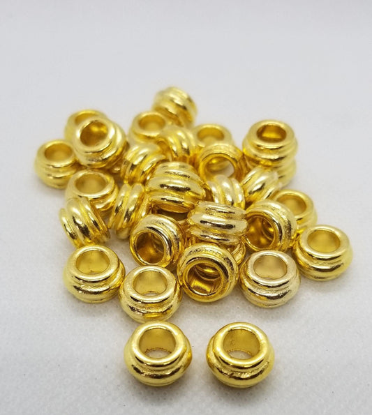 5 pieces Golden Barrel Spacer Beads, Tibetan Style, Cadmium, Lead Free, 12x7mm, Large Hole 6.5mm, Hair or Beard Beads