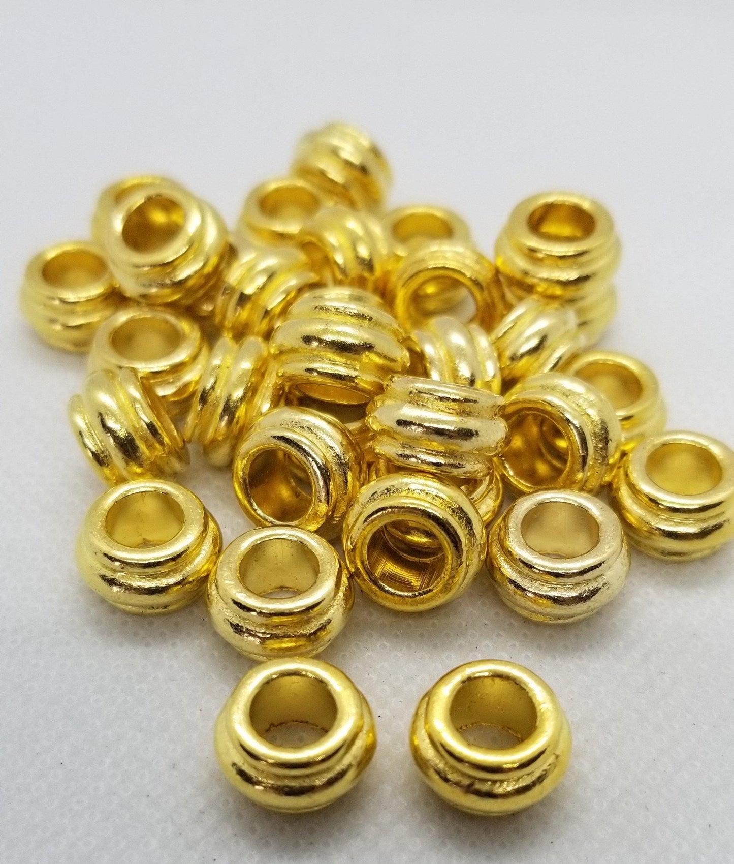 5 pieces Golden Barrel Spacer Beads, Tibetan Style, Cadmium, Lead Free, 12x7mm, Large Hole 6.5mm, Hair or Beard Beads