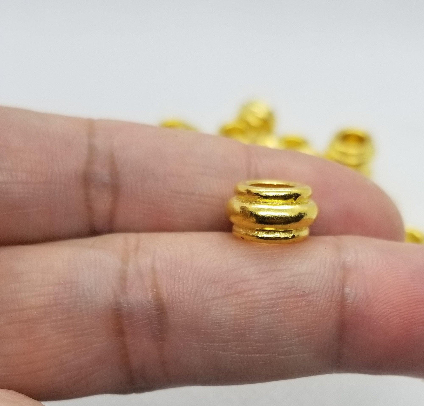 5 pieces Golden Barrel Spacer Beads, Tibetan Style, Cadmium, Lead Free, 12x7mm, Large Hole 6.5mm, Hair or Beard Beads