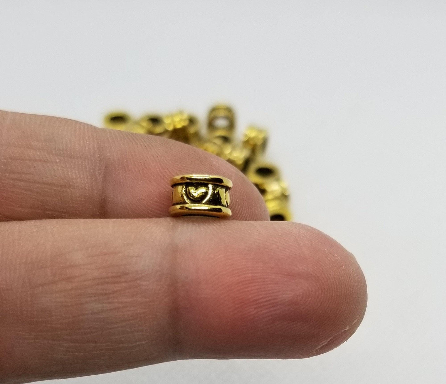 5 pieces Golden Column with Heart Spacer Bead, Tibetan Style Alloy, Large Hole Beads, Lead, Cadmium, Nickel Free, 8x4.5mm, Hole 5.5mm