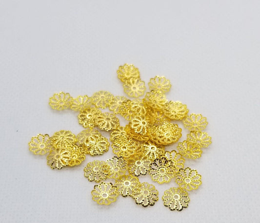 50 pieces Gold tone Filigree Bead Caps, Cord Ends, Tassel Caps, Flower, Golden, 9mm x 1.5mm, hole 1mm, CLEARANCE
