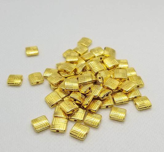 10 pieces Square Golden Spacer Beads, Tibetan Style Alloy, Etched Stripes, Lead Free, 8x8x3mm, Hole 1mm, CLEARANCE