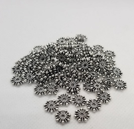 10 pieces Silver Flower Spacer Beads, Tibetan Style Alloy, Snowflake Spacer Beads, Cadmium, Lead Free, Antique Silver, 9.5x2mm, Hole 2mm