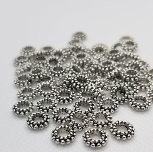 10 pieces Silver Donut Ribbed Spacer Bead, Star, Flower, Tibetan Style Alloy, Lead Free, Cadmium Free, Antique Silver, 8x3mm, Hole 3mm